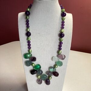 Fluorite and Amethyst gemstone beaded necklace